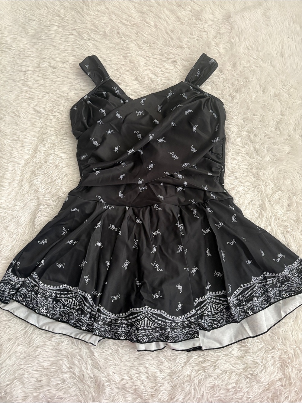 NEW American Trends Black And White Floral Cross Over Front One Piece Swim Dress